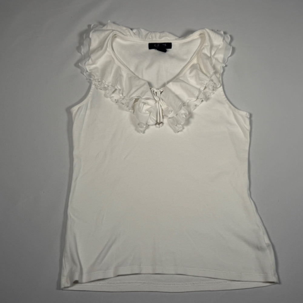 Chaps Tank Women's XS White Ruffle V-Neck Sleeveless Cotton Cottagecore Coquette